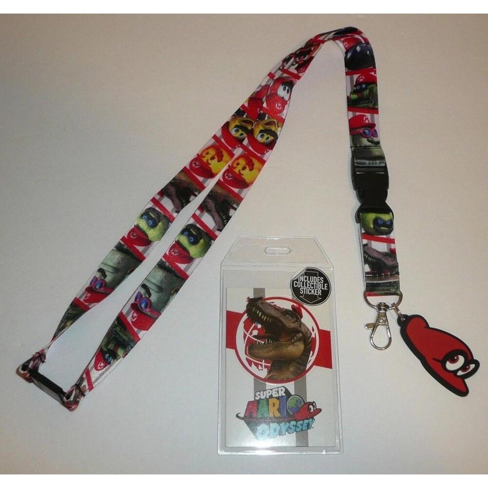 Super Mario Odyssey Lanyard ID Badge Holder Keychain Bros Cappy T-Rex Trex